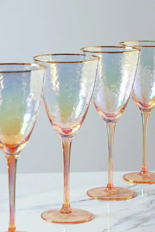 Iridescent Pearl Hammered Wine Glasses with Gold Rim Set of 4