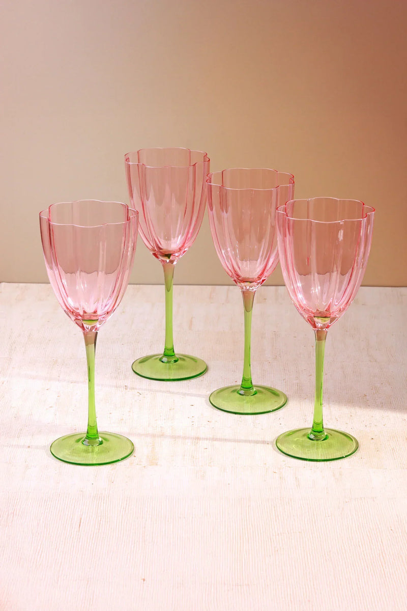 Laurent Fluted Wine Glasses with Pink and Green Stem Set of 4