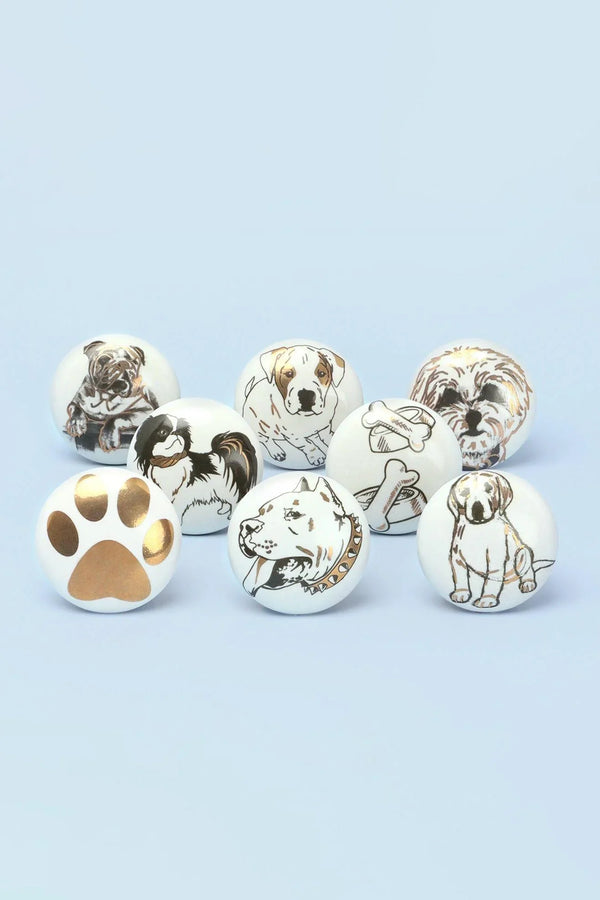 Playful Pup Black and Gold Ceramic Dog Cabinet Knobs Set of 8