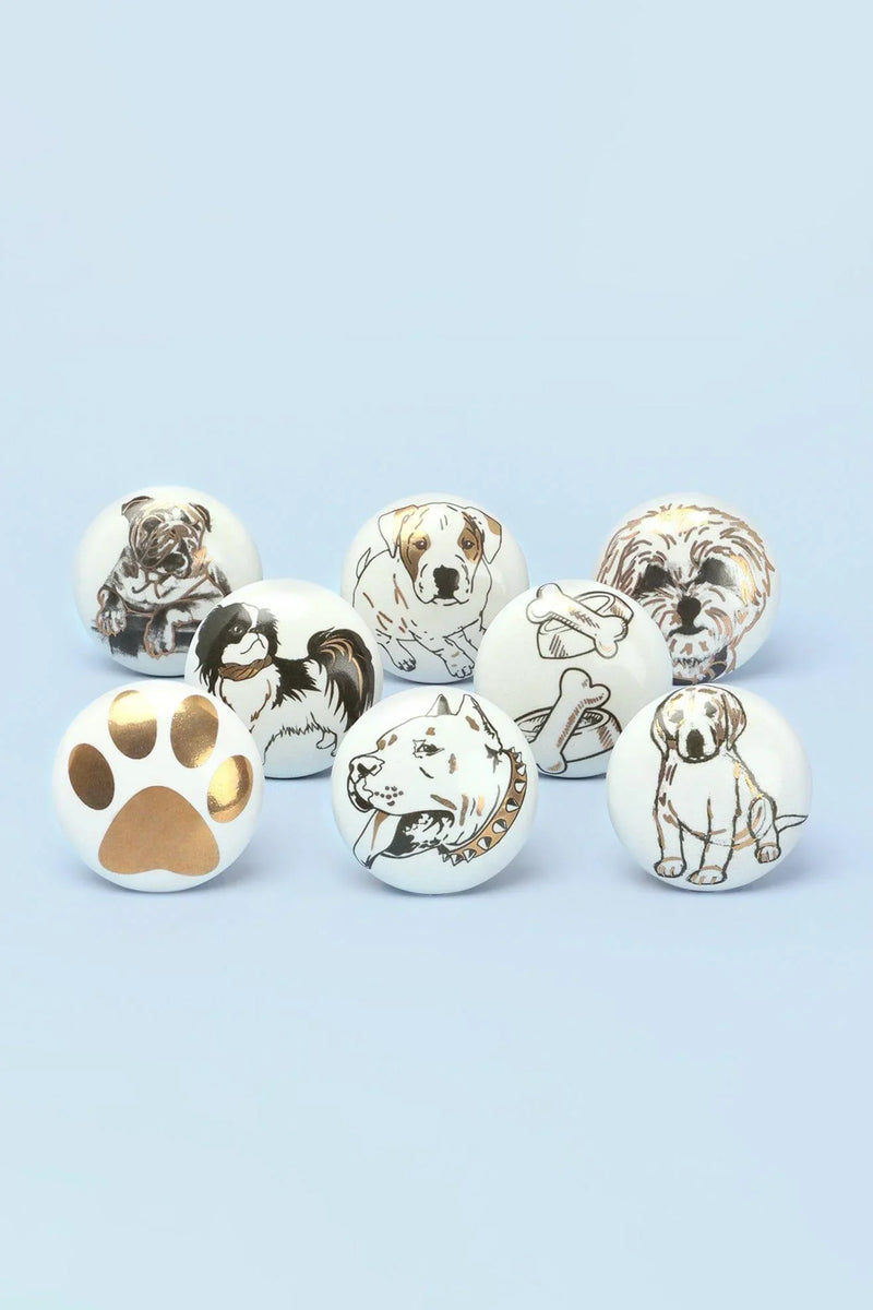Playful Pup Black and Gold Ceramic Dog Cabinet Knobs Set of 8
