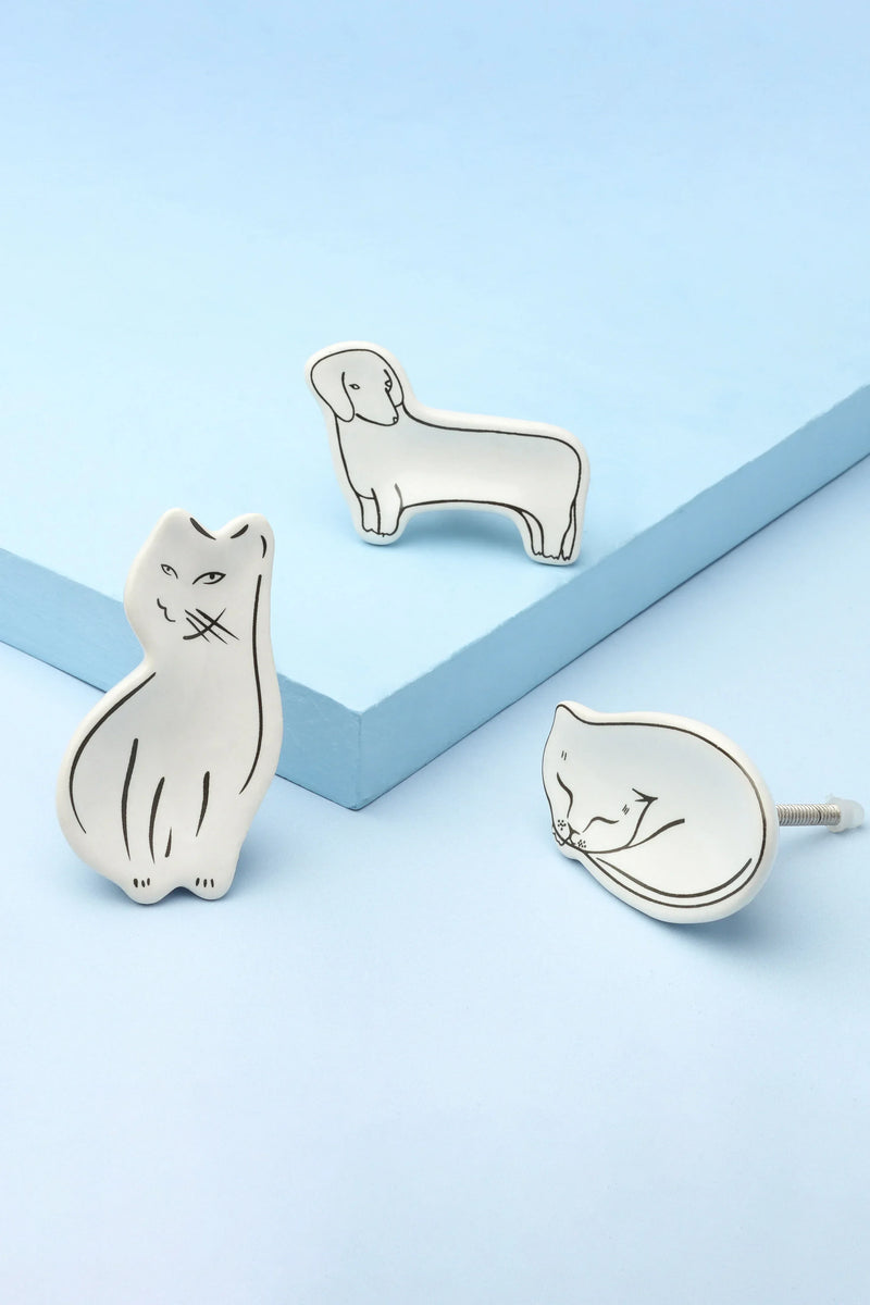 Sleepy Cat and Loyal Pup Furry Friends Ceramic Cabinet Knob