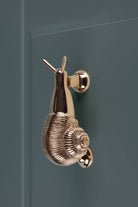 Polished brass snail door knocker fitted to a teal front door, with its round strike button below