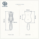 Size drawing of the brass squirrel door knocker: 180 mm (7.09 in) tall and 46 mm (1.81 in) wide; back plate 98 mm (3.86 in) tall and 59 mm (2.32 in) wide; screw holes 37 mm (1.46 in) apart