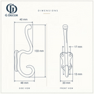 Size drawing of the tall scroll hook: 133 mm (5.24 in) tall, sticks out 48 mm (1.89 in), back plate 33 mm (1.30 in) wide, screw holes 17 mm (0.67 in) apart at the top and 13 mm (0.51 in) at the bottom