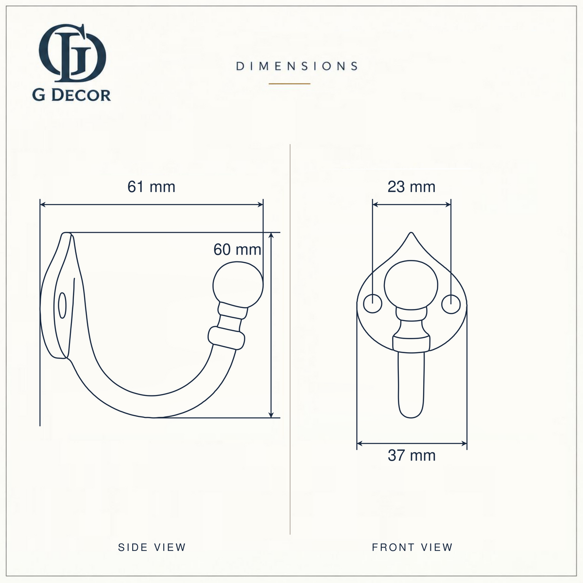 Size drawing of the teardrop hook: 60 mm (2.36 in) tall, sticks out 61 mm (2.40 in), back plate 37 mm (1.46 in) wide, screw holes 23 mm (0.91 in) apart