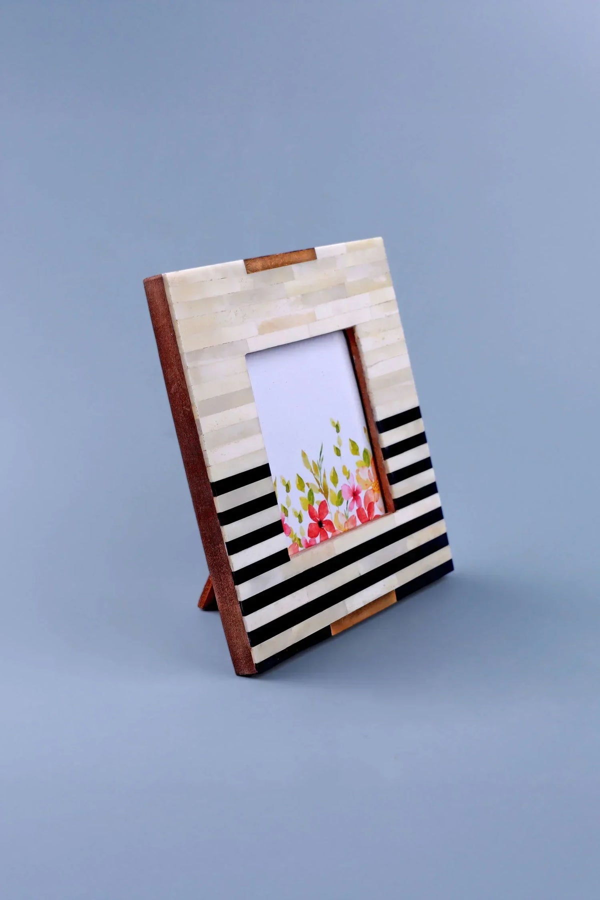 Blackline Edit Bone and Brass Photo Frame in Monochrome Stripe — close-up view, G Decor