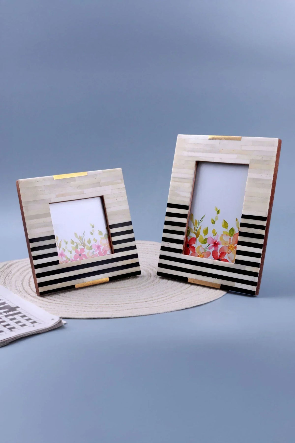 Blackline Edit Bone and Brass Photo Frame in Monochrome Stripe — G Decor