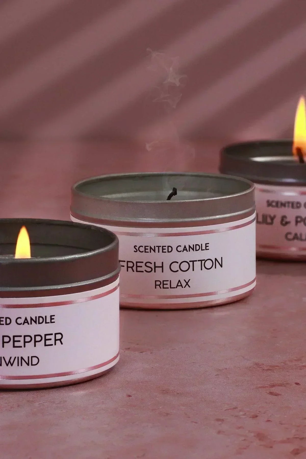 Trio Serenity Scented White Tin Candles Set of 3 in Cotton Pink Pepper and Black Lily — G Decor