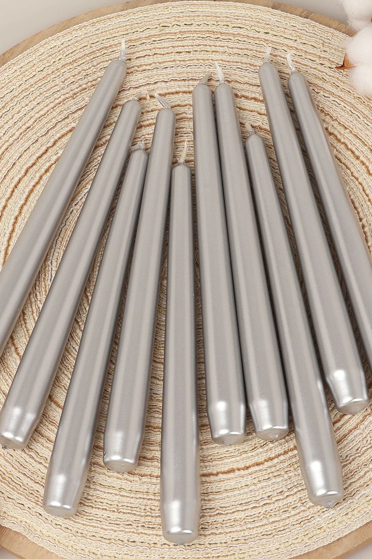 Velaré Silver Glow Tall Opaline Taper Candles — close-up view, G Decor
