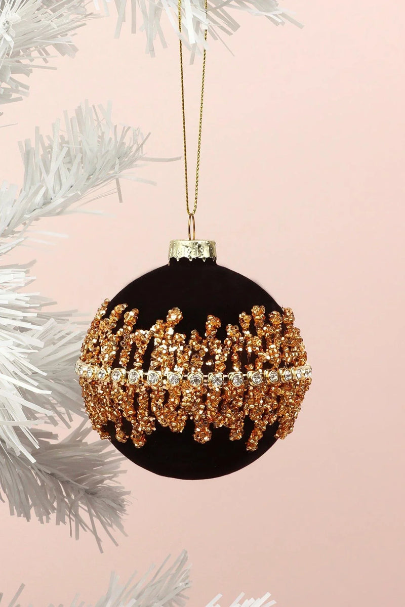 Boule de Noël Manoir Noir Velours avec Filet Doré et Pierres Précieuses