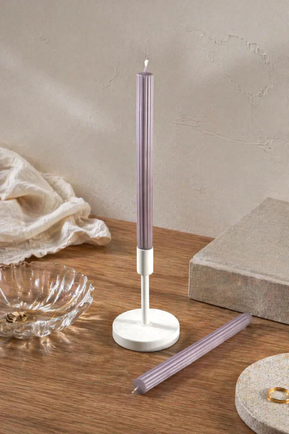 Velluto Prugna Profonda Pair of Deep Plum Ribbed Velvet Taper Candles — G Decor