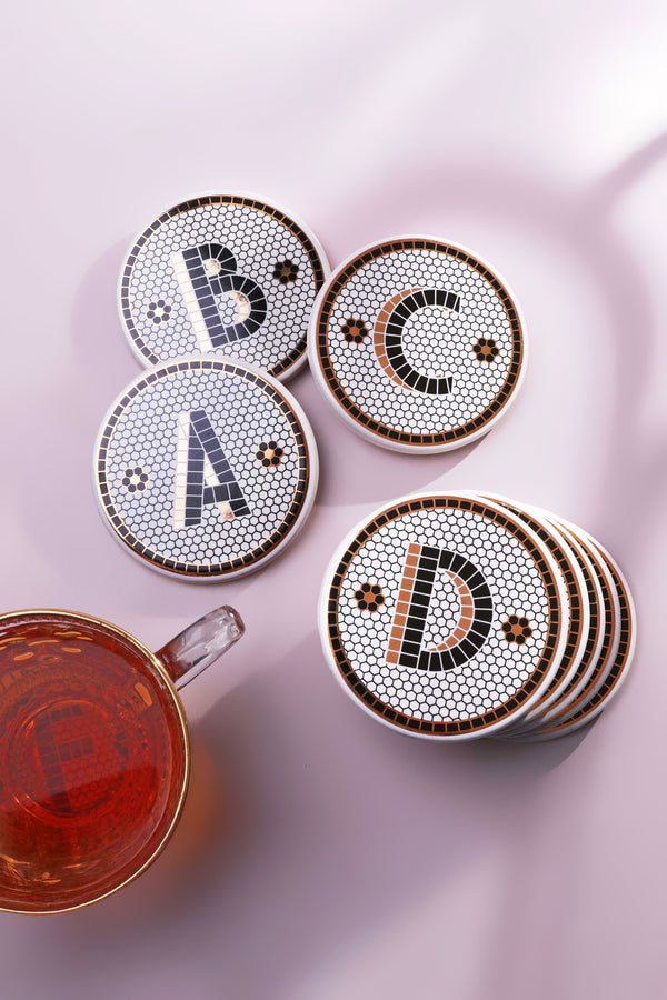 British Pub Tile Black and Gold Personalised Monogram Coaster — Sold Individually