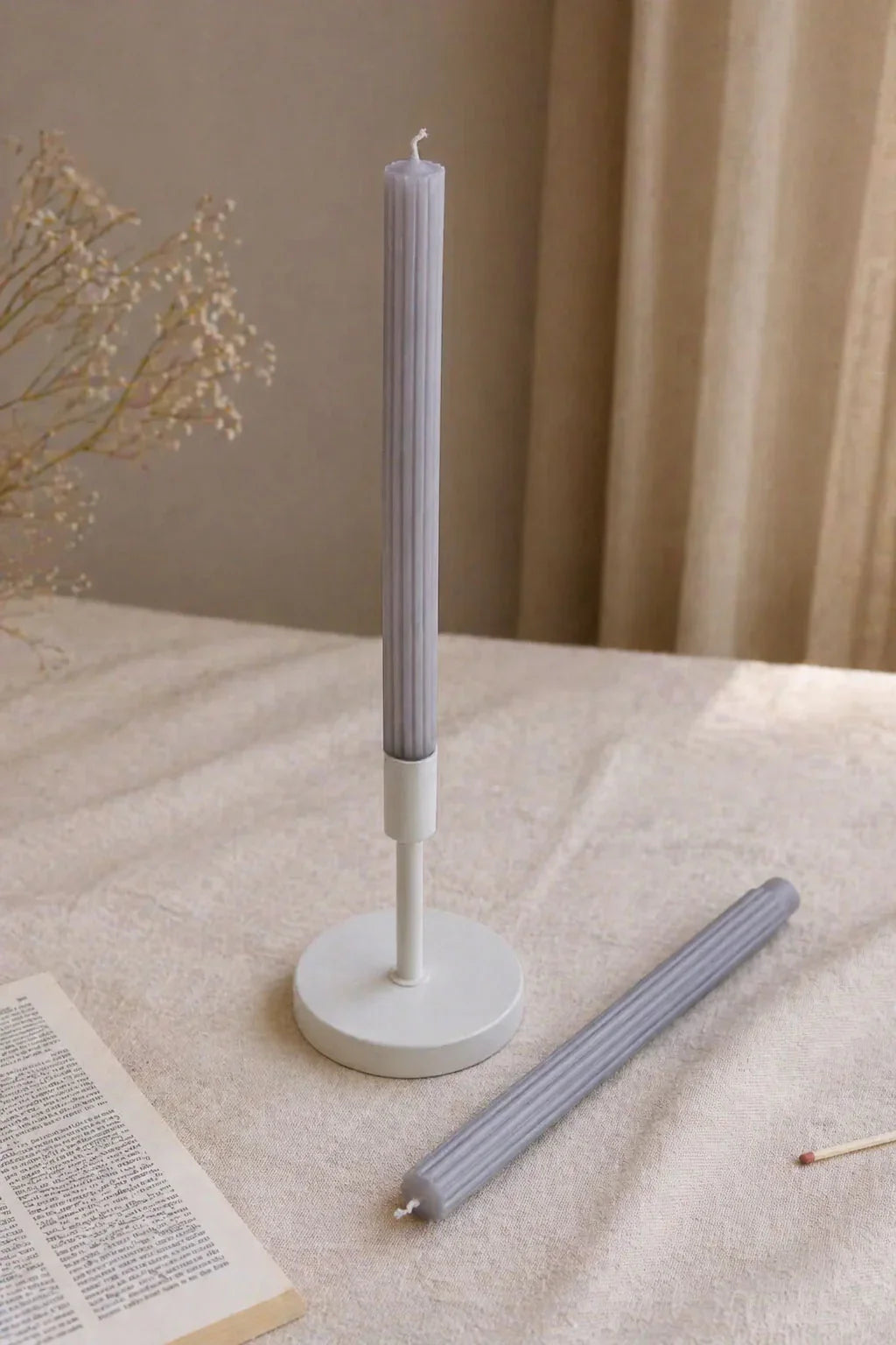 Velluto Cenere Pair of Ash Grey Ribbed Velvet Taper Candles — G Decor