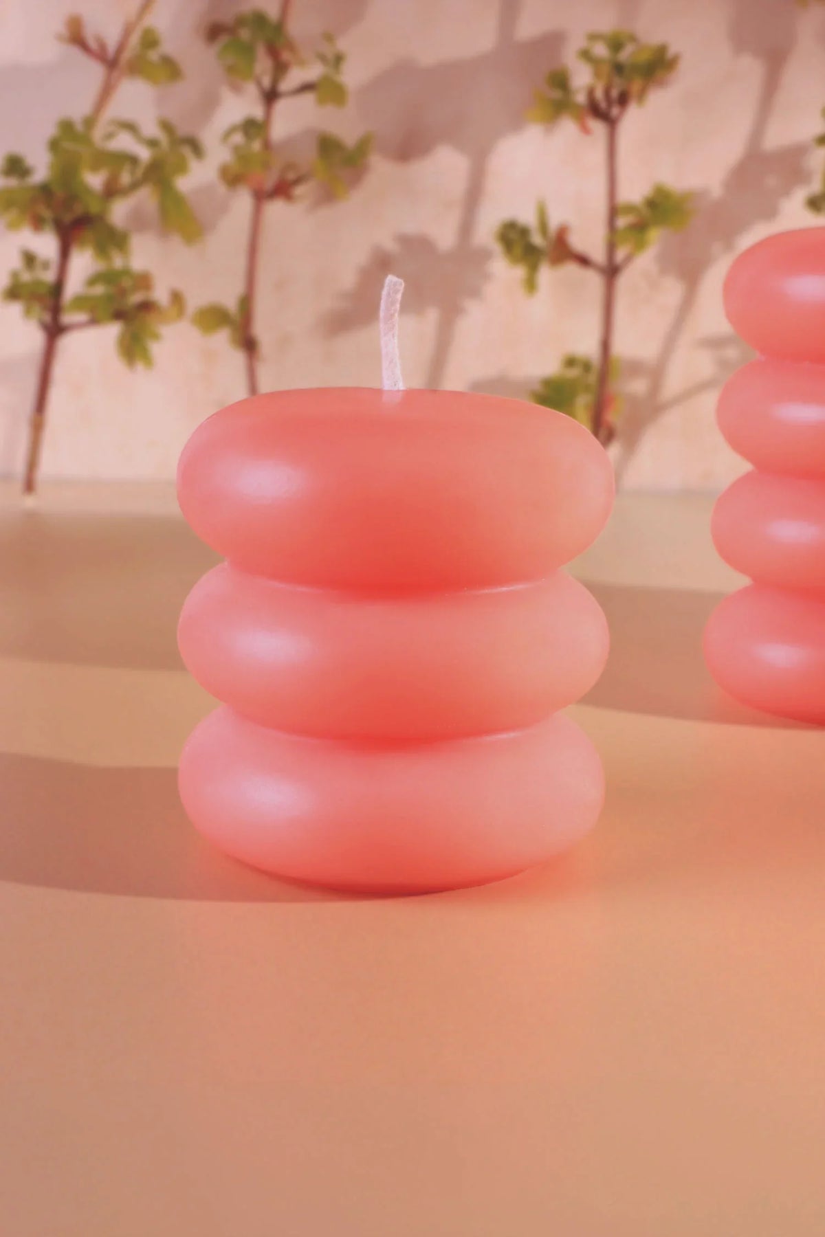 Strawberry Lip Balm Pebble Bubble Stack Sculptural Pillar Candle — close-up view, G Decor