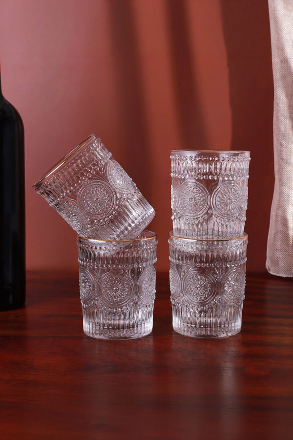 Dario Vintage Sonnenblumen-Becher mit Goldrand – 4er Set