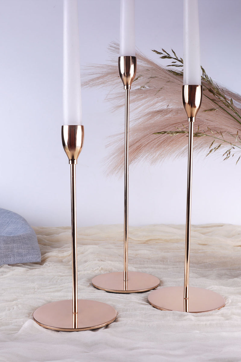 Verro Set of 3 Stainless Steel Dinner Candles Holders in Rose Gold