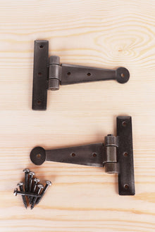 4″ or 6″ Pair of Hand-Forged Penny End T Hinges in Pewter Finish