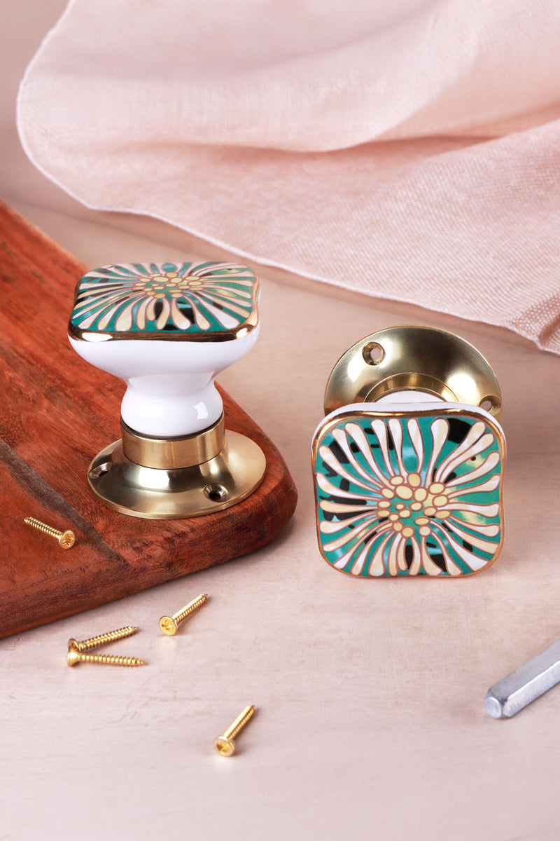 Milano Signature Hand-Painted Ceramic Mortice Door Knobs — Brass