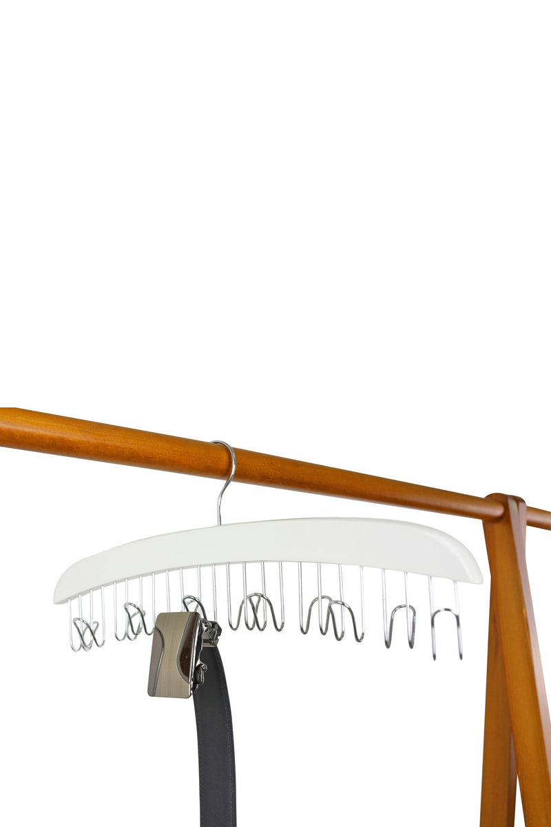 White Wooden Belt Hanger with Metal Hooks