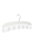 White wooden belt hanger with a row of metal hooks under the bar and a metal hanging hook