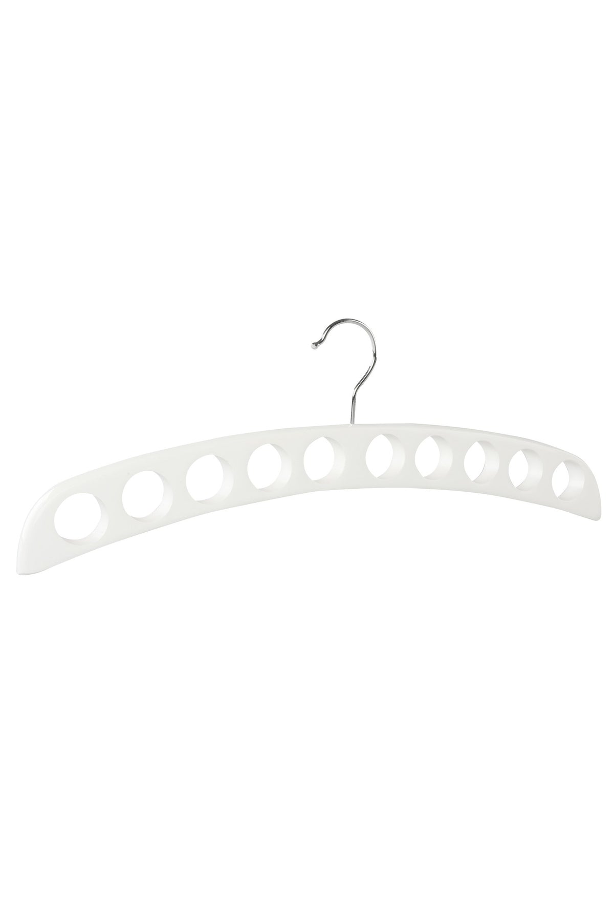 White wooden scarf hanger with a row of round holes and a metal hook