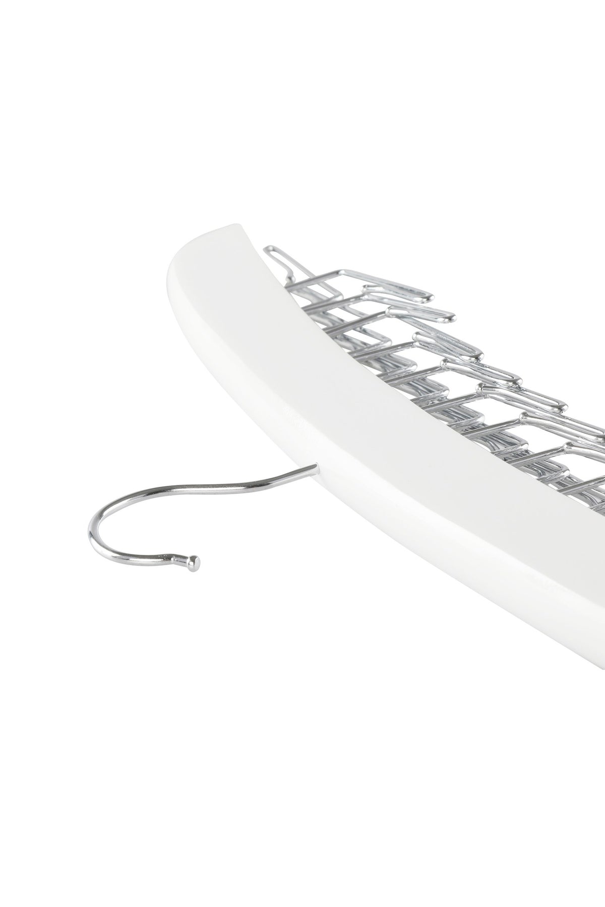 Close-up of the wire tie hooks and the metal hook on the white wooden tie hanger