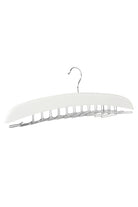 White wooden tie hanger with a row of wire tie hooks under the bar and a metal hook