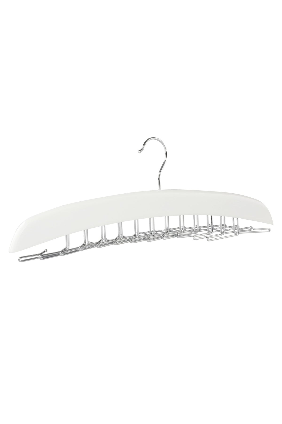 White wooden tie hanger with a row of wire tie hooks under the bar and a metal hook