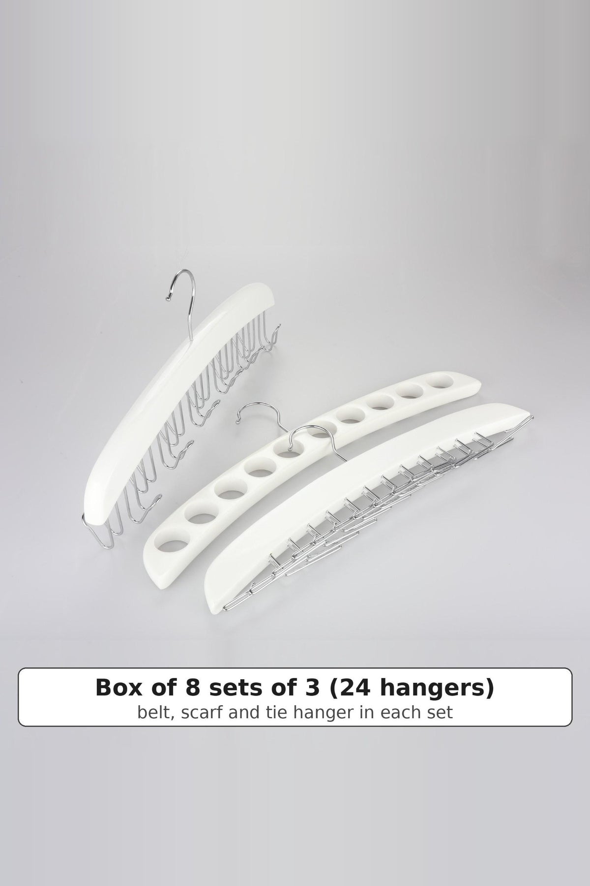 Set of three white wooden accessory hangers: a belt hanger, a scarf hanger with holes and a tie hanger, sold as a box of 8 sets