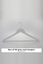Grey wooden coat hanger with a trouser bar and strap notches, sold as a box of 40 (8 packs of 5)