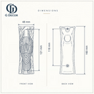 Size drawing of the brass woodpecker door knocker: back plate 160 mm (6.30 in) tall and 48 mm (1.89 in) wide; woodpecker 121 mm (4.76 in) long; screw holes 116 mm (4.57 in) apart