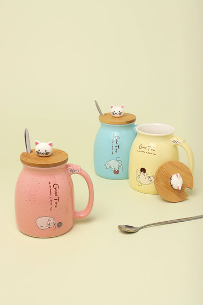 Mug à café en céramique chat mignon avec couvercle et cuillère