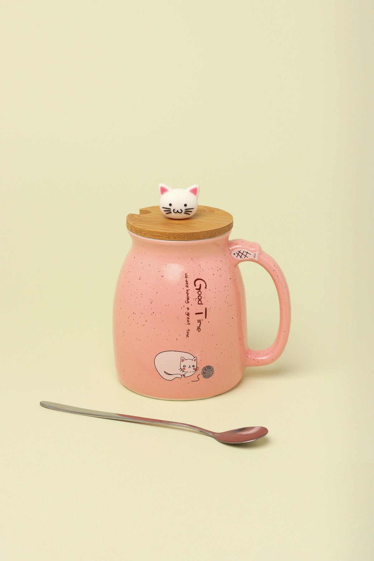 Cute Cat Ceramic Coffee Mug with Lid and Spoon — close-up view, G Decor