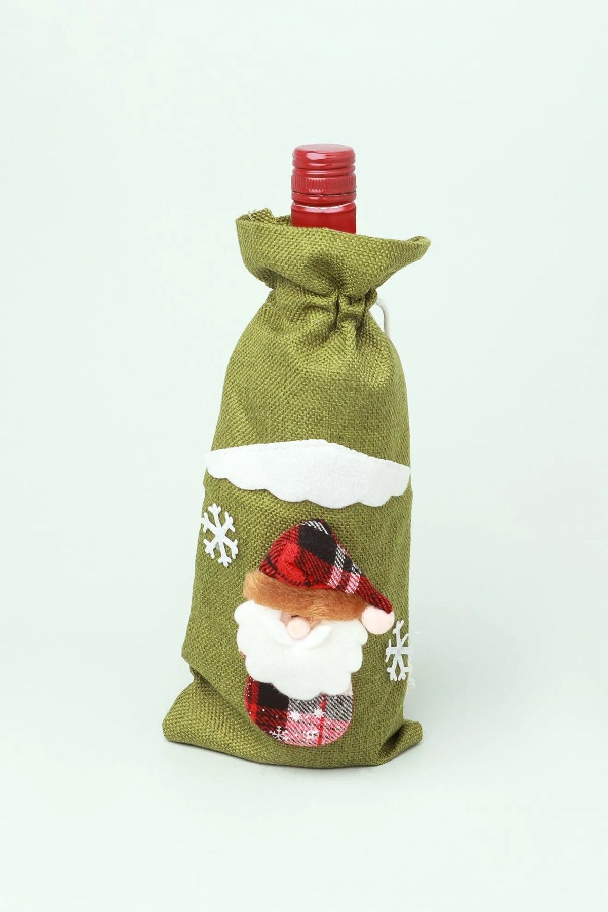 Santa Woodland Reusable Green Linen Christmas Wine Bottle Bag — G Decor