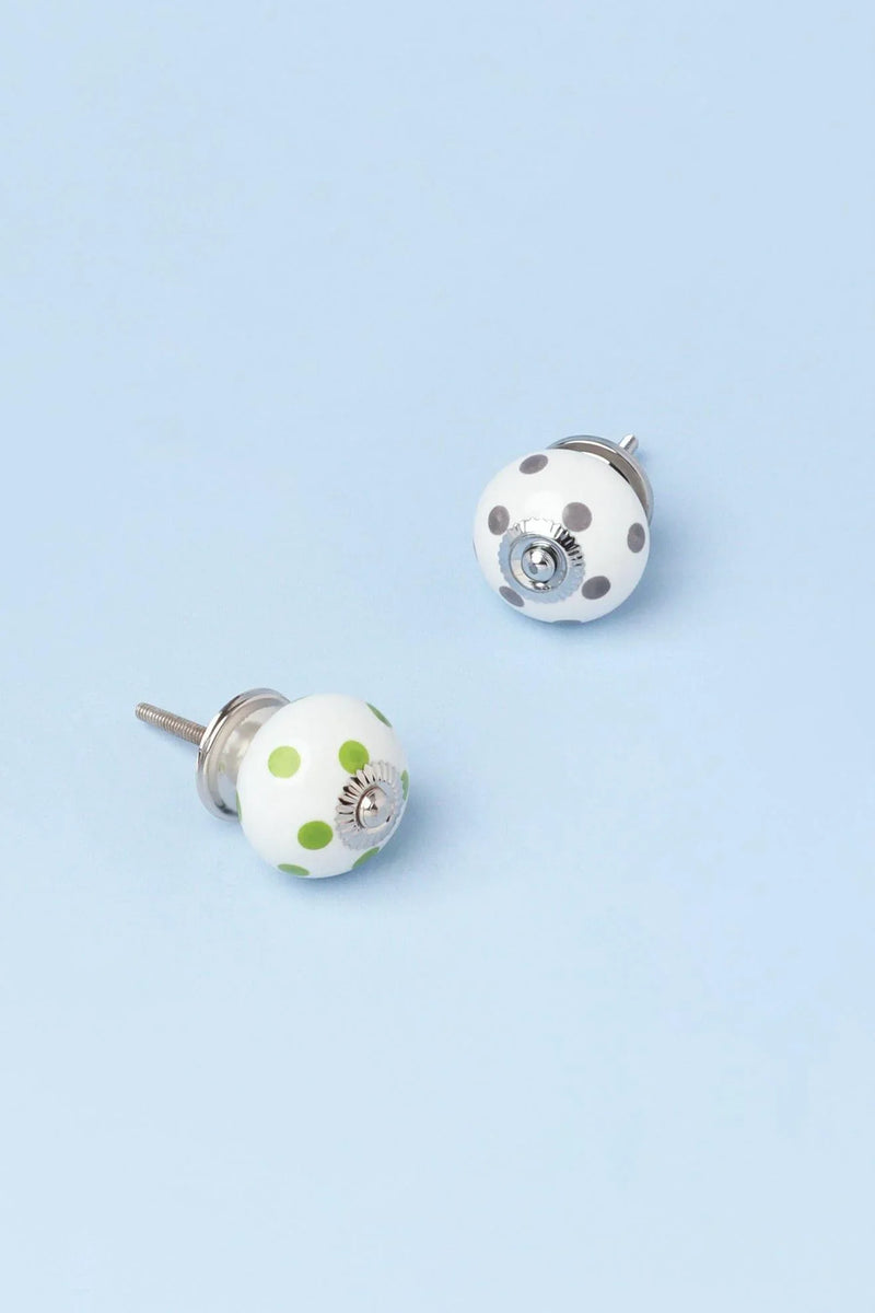 Polka Dot Hand-Painted Ceramic Cabinet Knob in Light Green and Grey