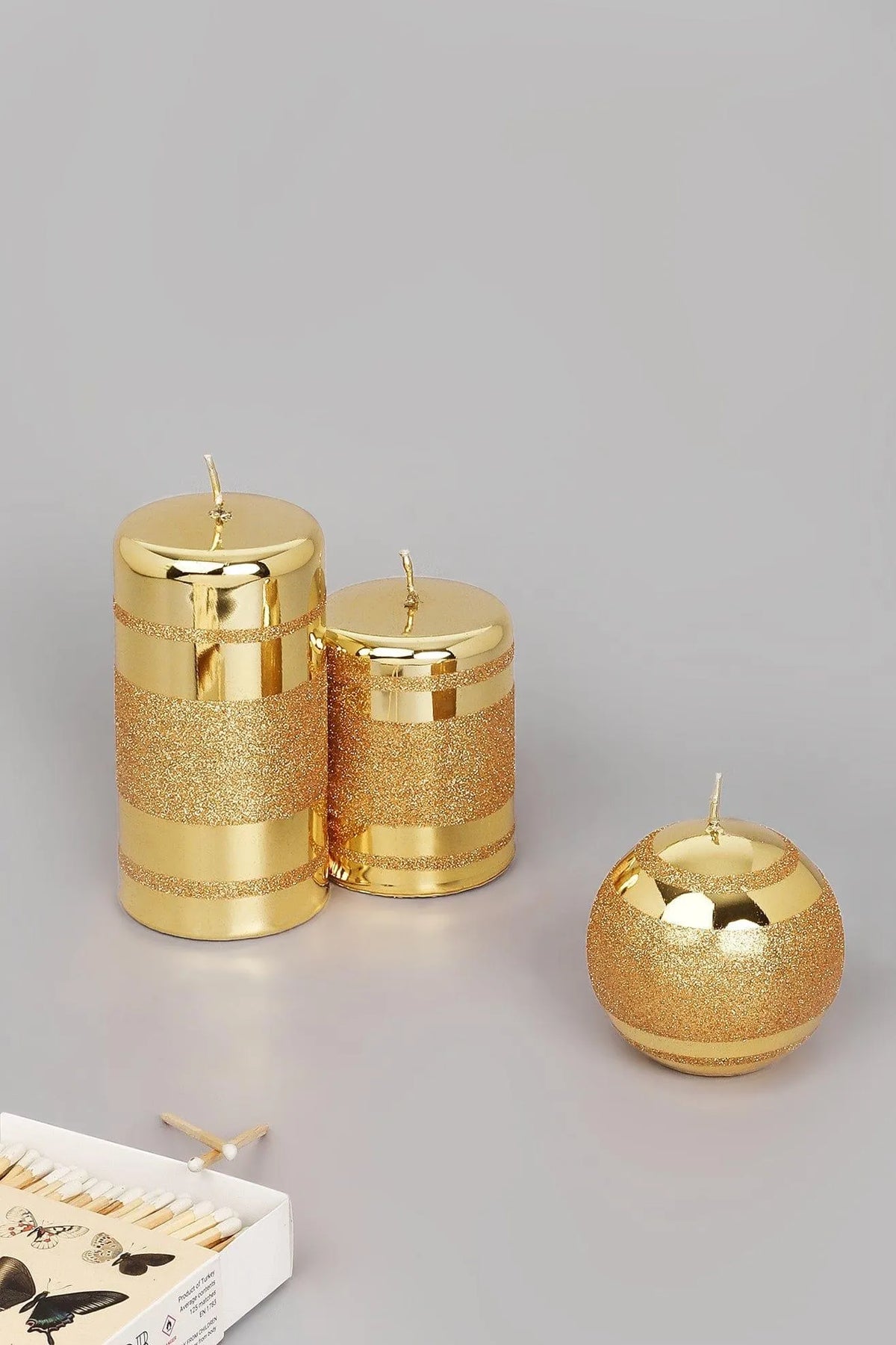 Clarae Mirror Glass Pillar and Ball Candles in Gold Stripe Glitter — G Decor