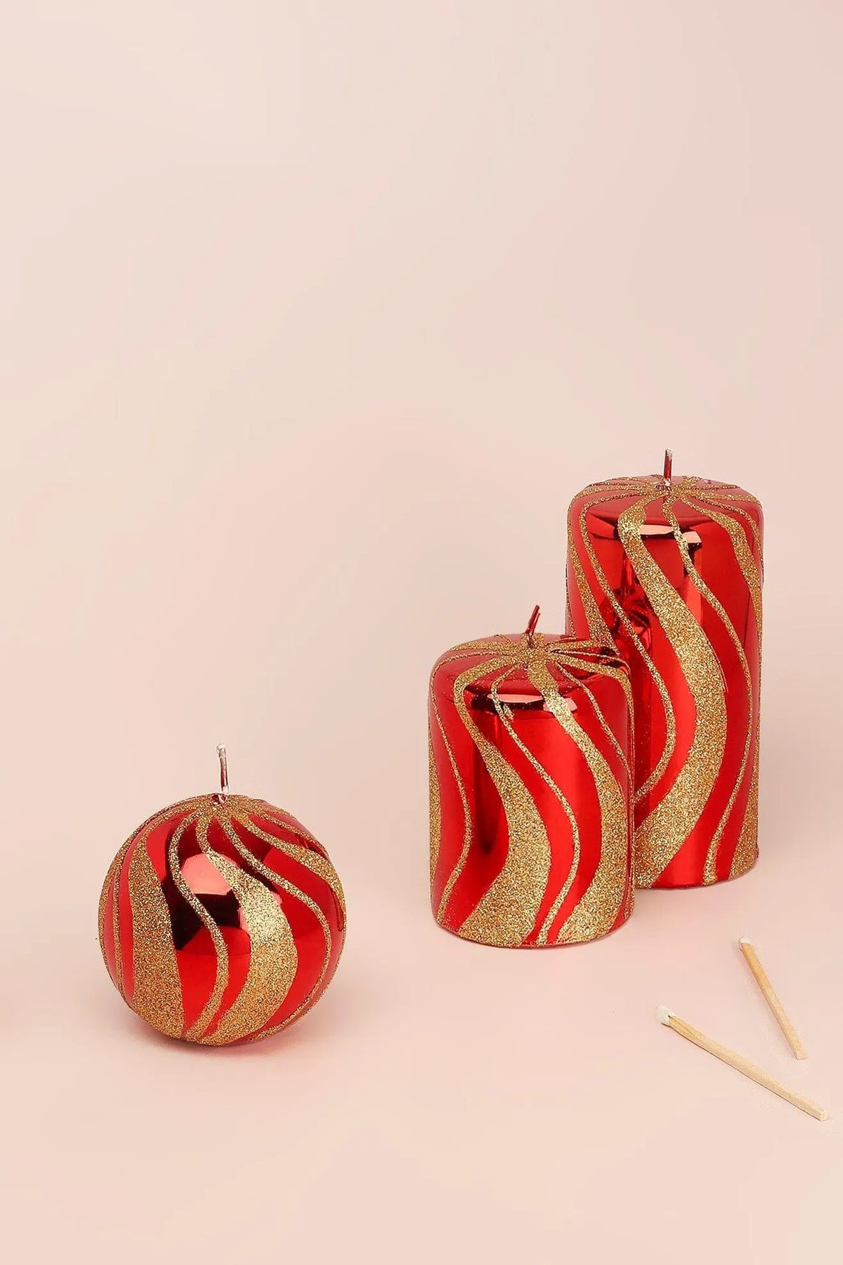 Mirror Glass Pillar and Ball Candles in Red and Gold Swirl Glitter — G Decor