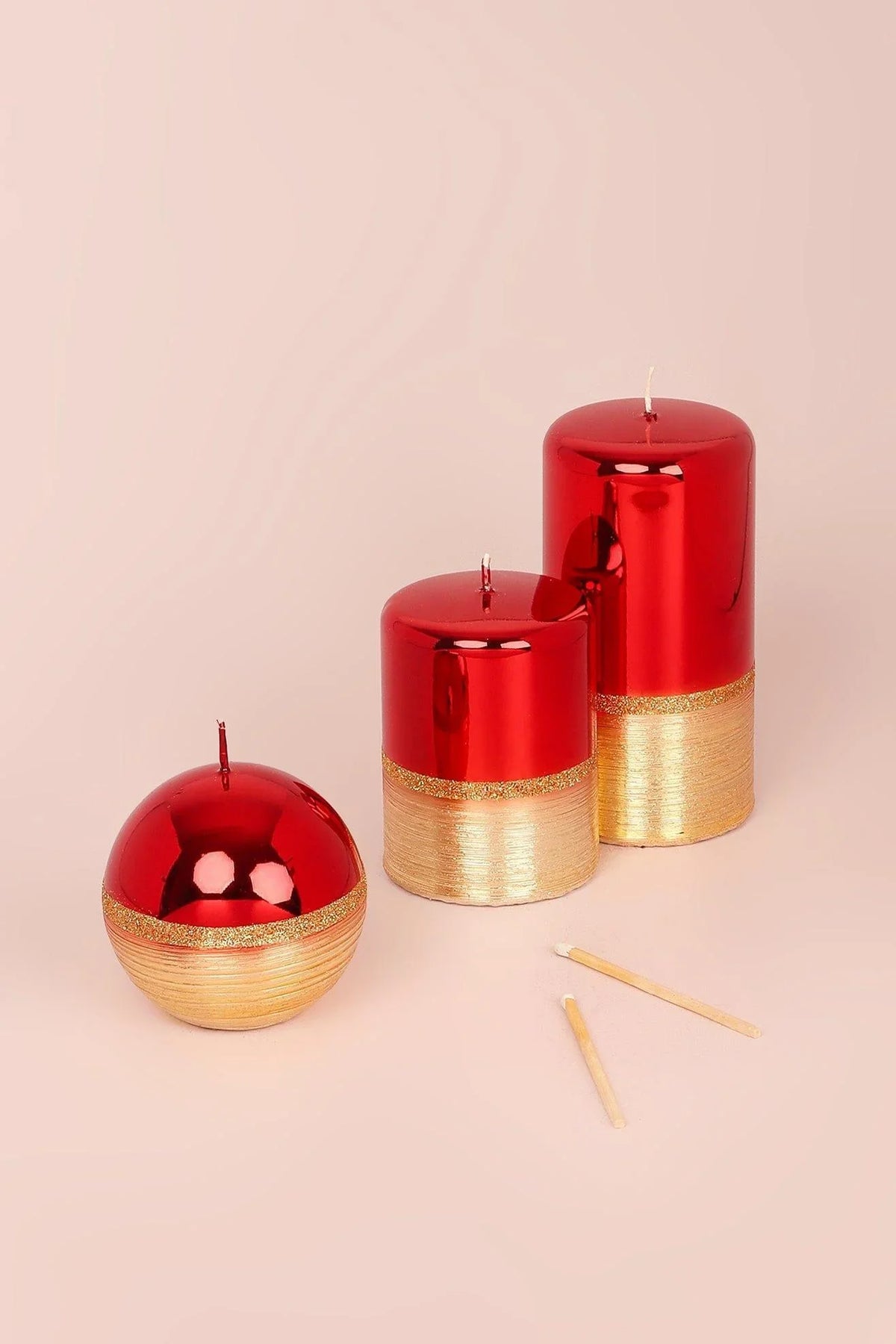 Mirror Glass Pillar and Ball Candles in Two-Tone Red Ruby and Gold — G Decor