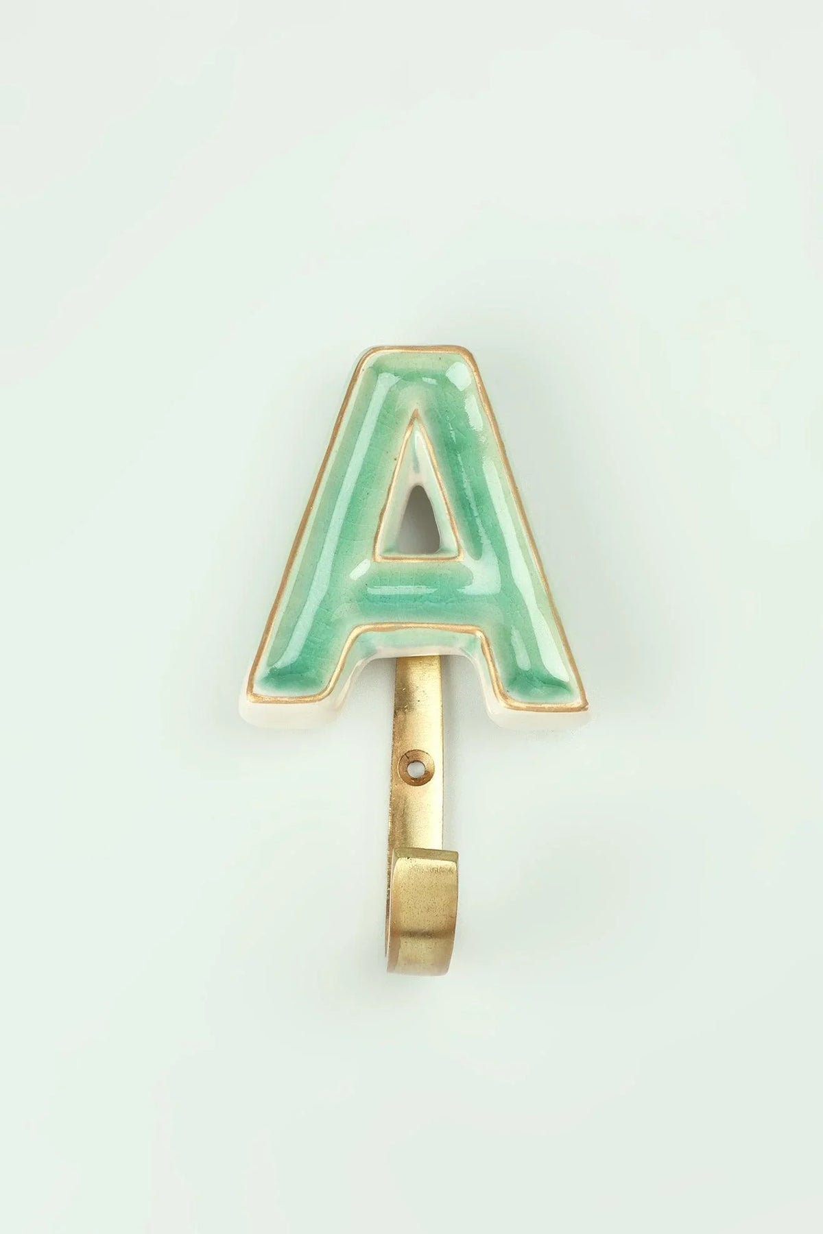 Personalised Green Crackle Monogram Coat Hook in Antique Brass — close-up view, G Decor