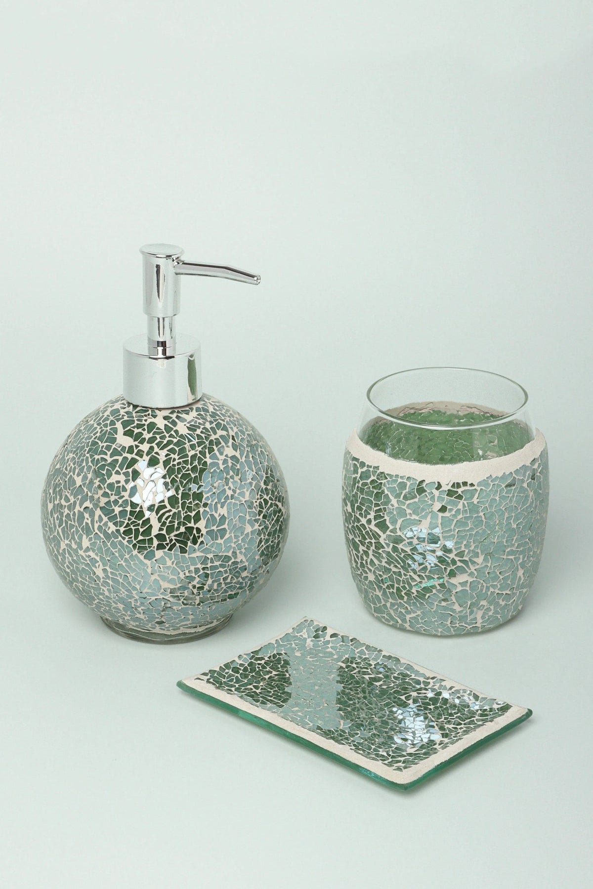 Corfu Three-Piece Emerald Mosaic Bathroom Accessory Set — G Decor