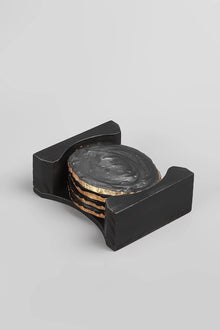Set of 4 Black Agate-Inspired Coasters in Black and Gold with Holder