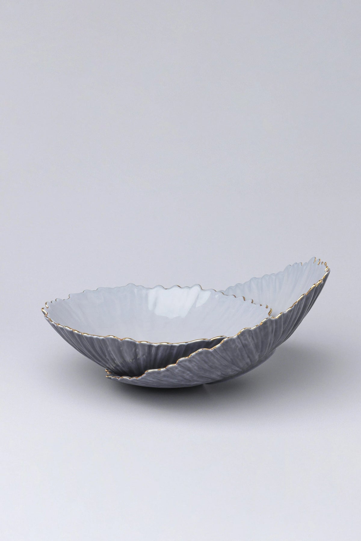 Asteria Sculpted Ceramic Serving Bowl in Grey with Gold Rim — G Decor