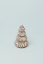 Snowy Glow Hand-Finished Christmas Tree Candle in Taupe Beige with Gold — close-up view, G Decor